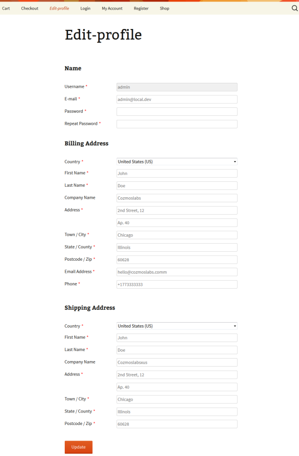 The Edit Profile page will now allow your users to update WooCommerce Shipping and Billing information