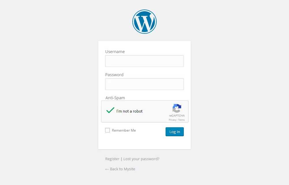 Default WordPress Login page with Recaptcha field