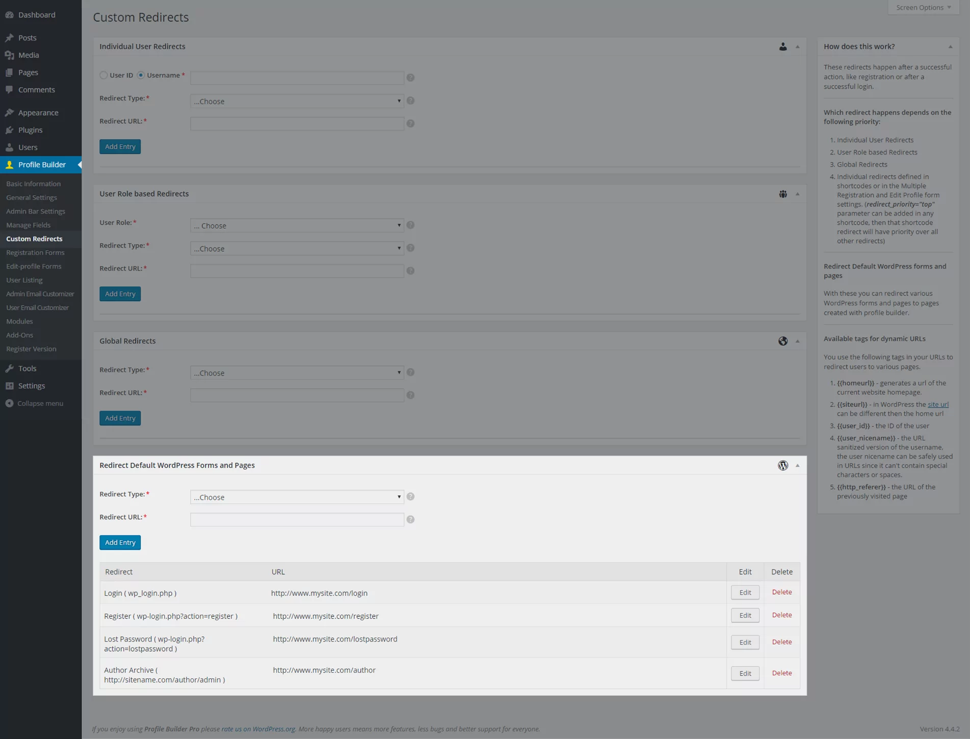 Profile Builder Pro Custom Redirects module backend