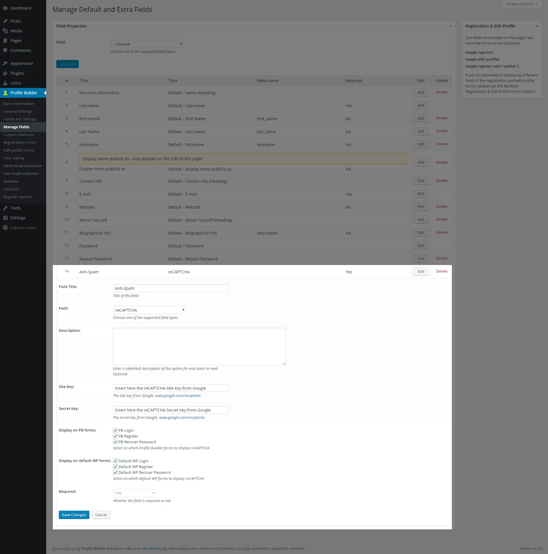 Profile Builder Pro - Recaptcha field backend