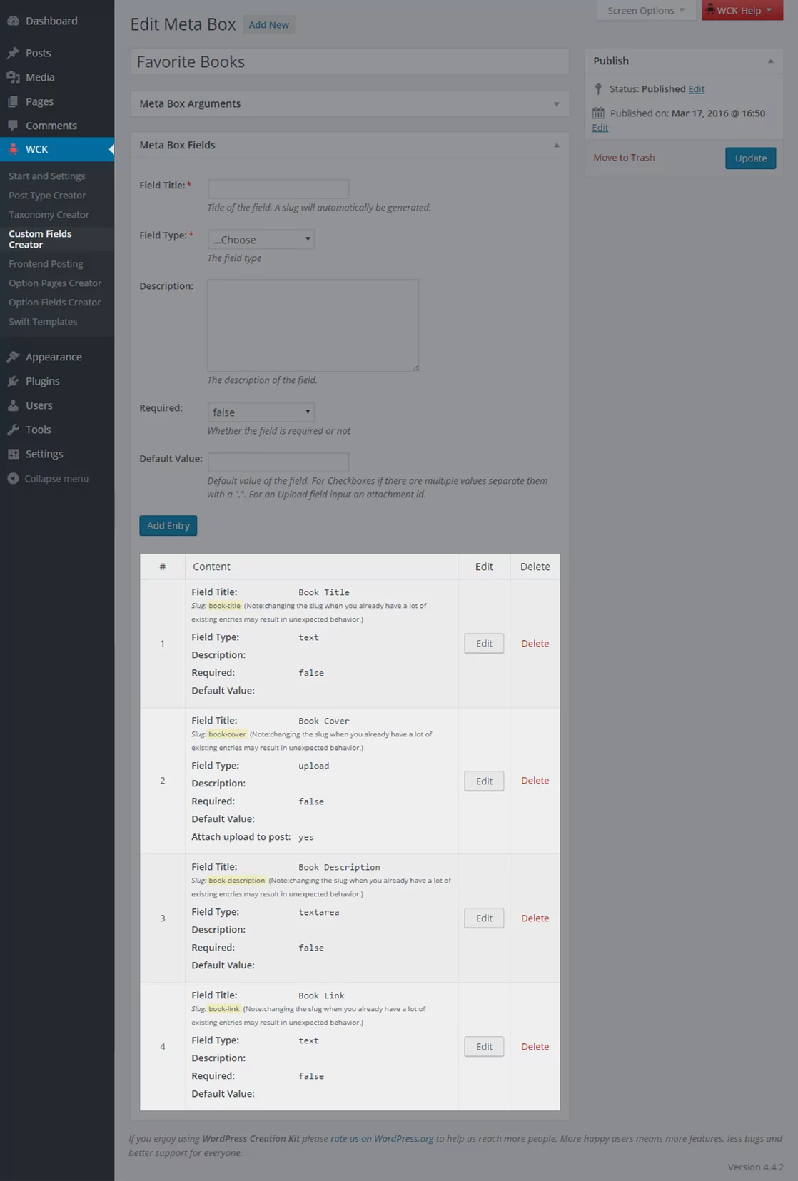 WordPress Creation Kit - Add Metabox with Custom Fields feature