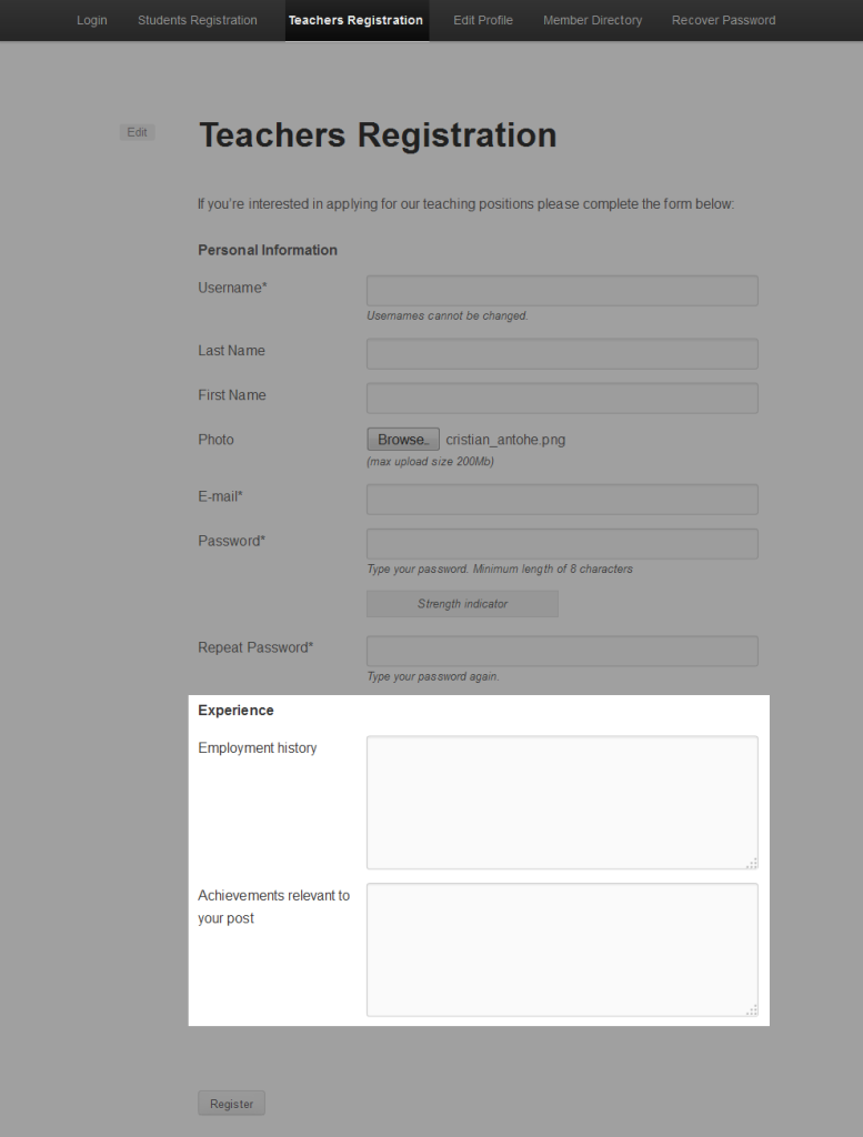 Teachers registration form Cozmoslabs