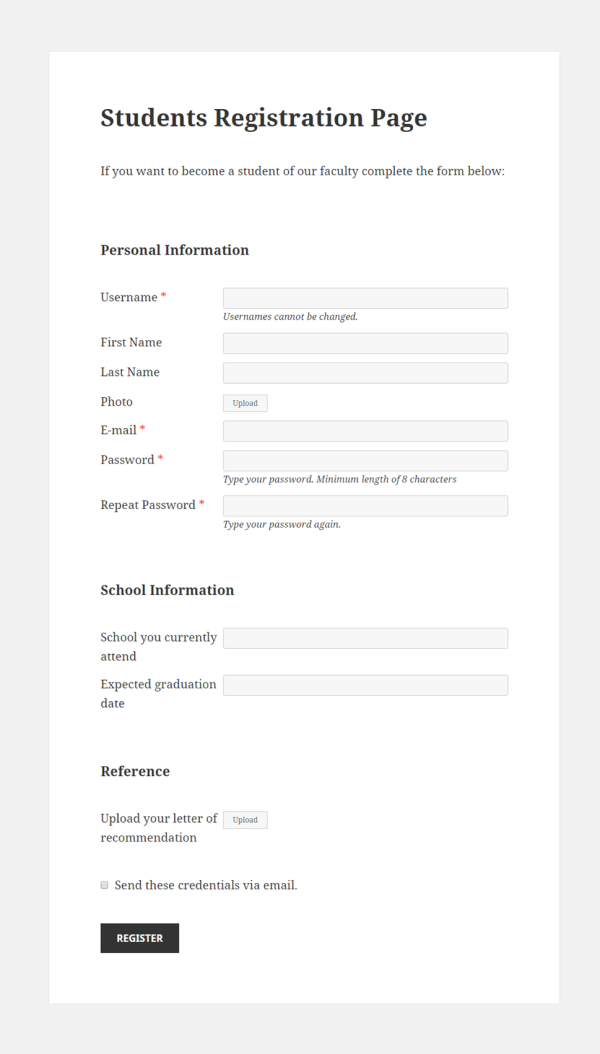 Students Registration Form in Page front-end