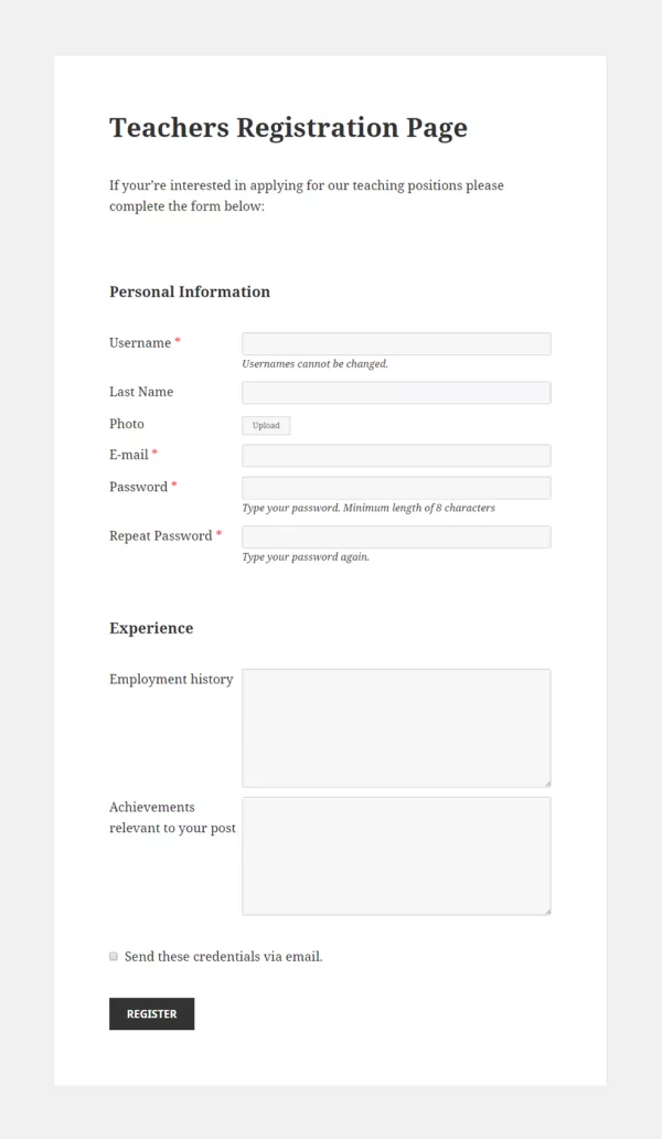 Teachers Registration Page frontend