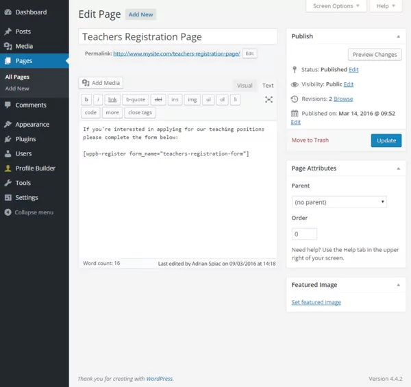 Teachers Registration Page with shortcode