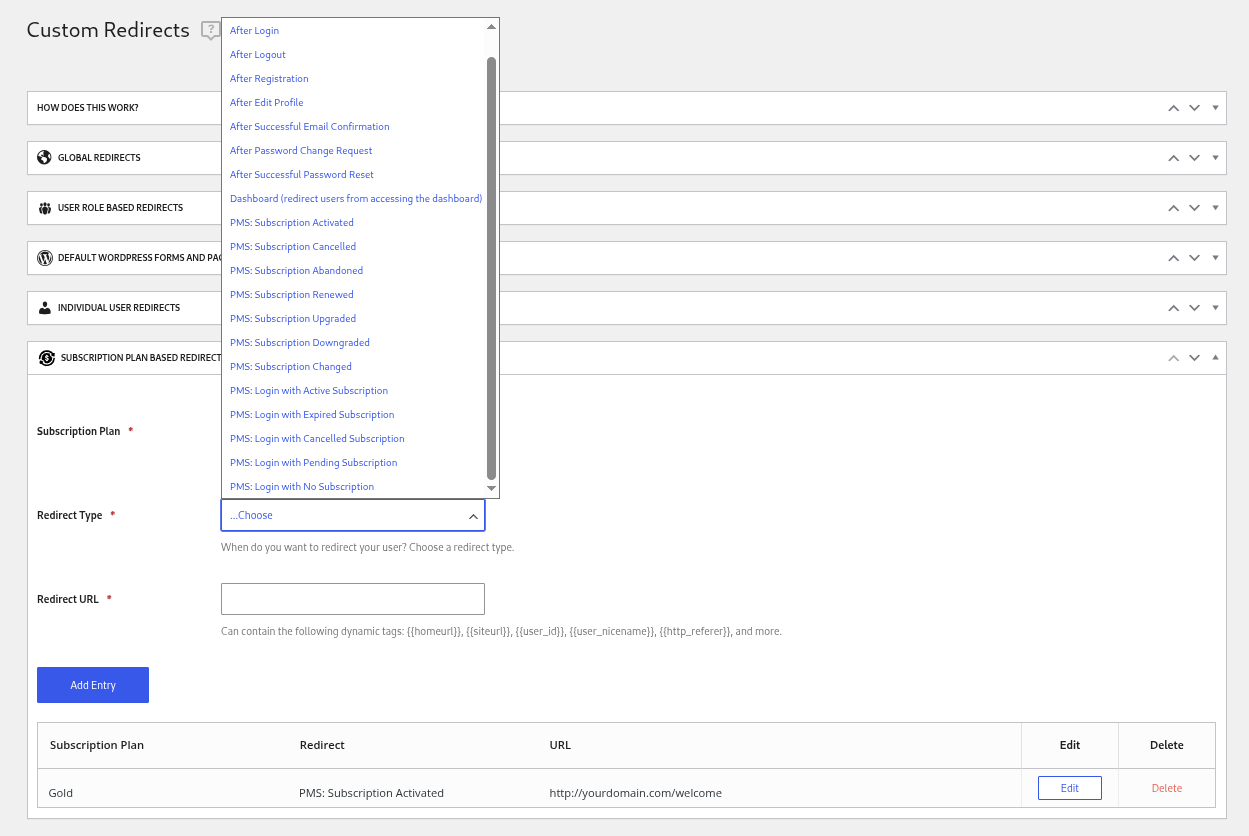 custom redirects subscription plan based redirect types