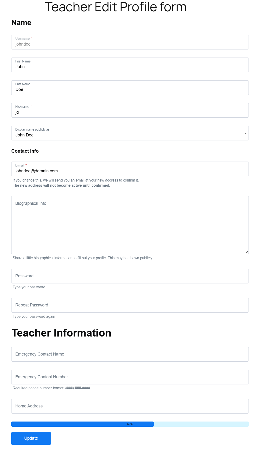 Progress bar being displayed on the front-end Edit Profile form