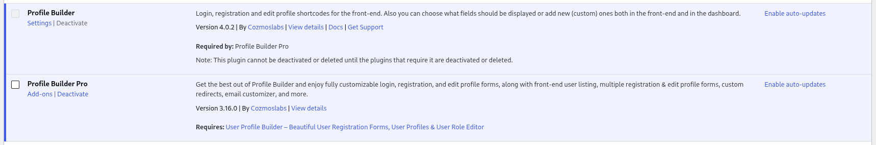 profile builder installed plugins