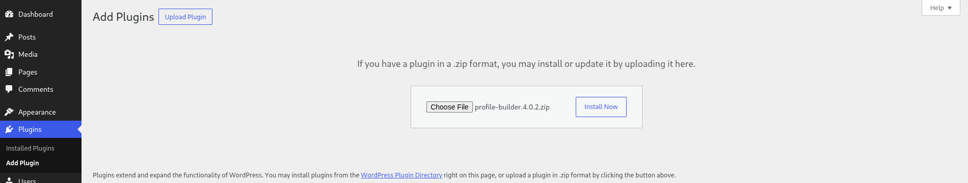 profile builder upload plugin archive