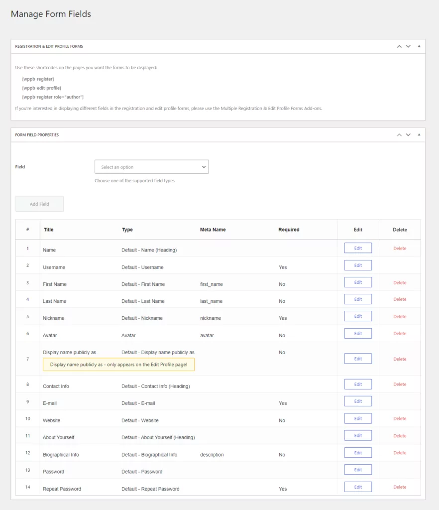 Profile Builder custom user form fields