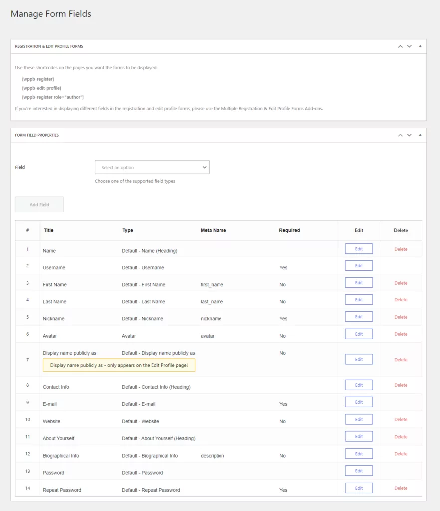 Profile Builder form fields