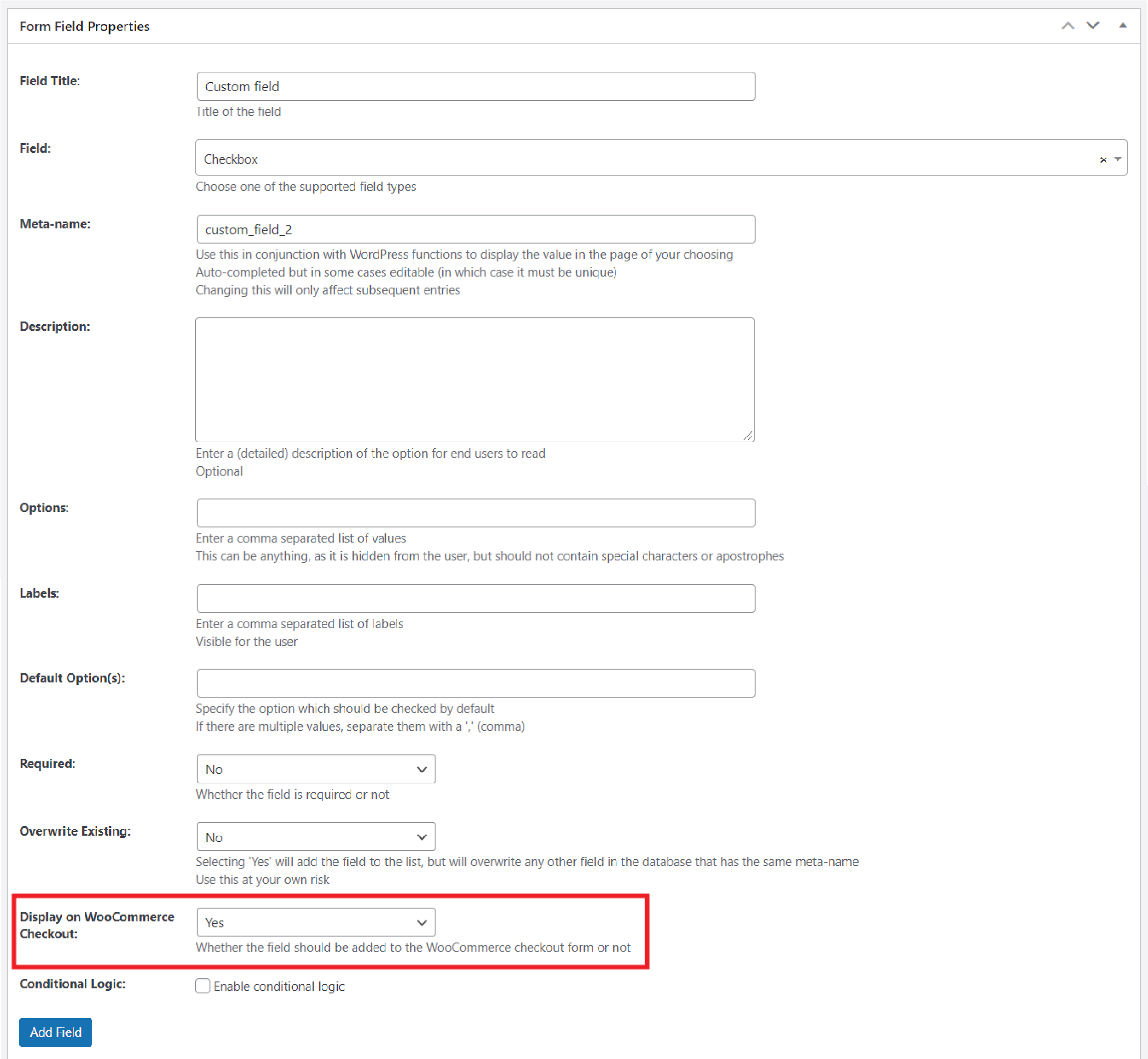 Display on WooCommerce checkout checkbox