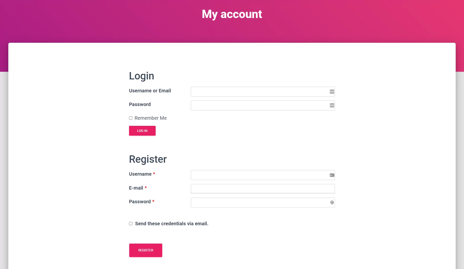 WooCommerce default login and register forms