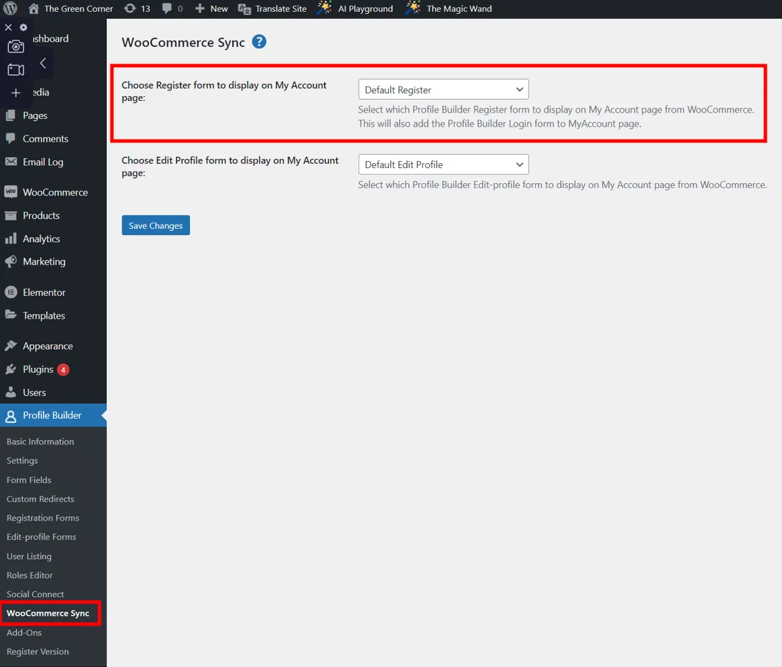 Choose register form to display on My account page