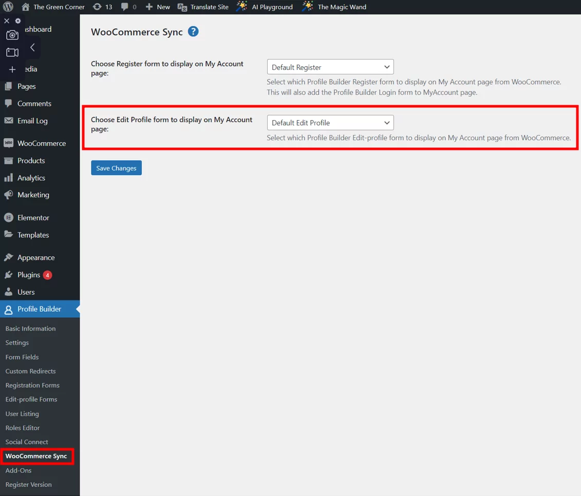 Choose Edit Profile form to display on My account page
