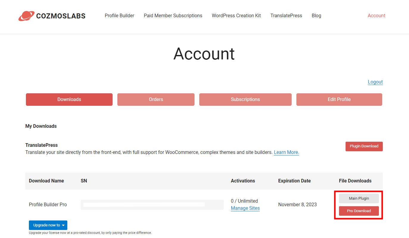 Download Profile Builder from Cozmoslabs account page