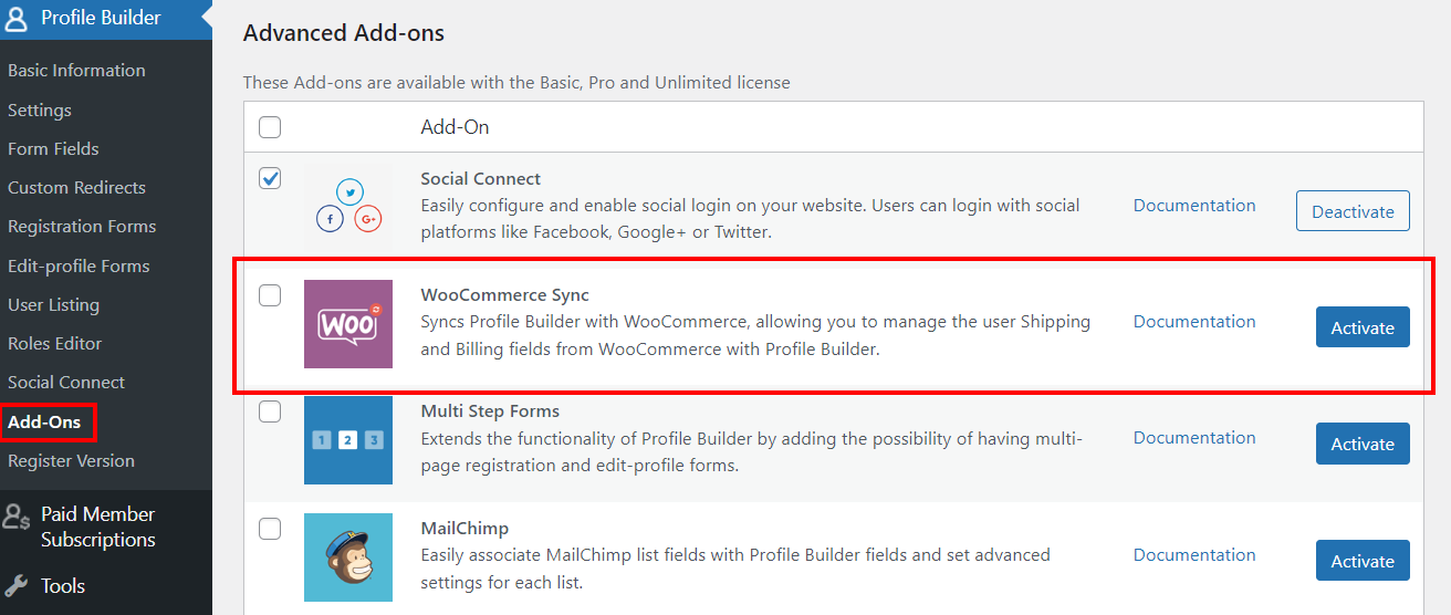 Activate the WooCommerce Sync add-on