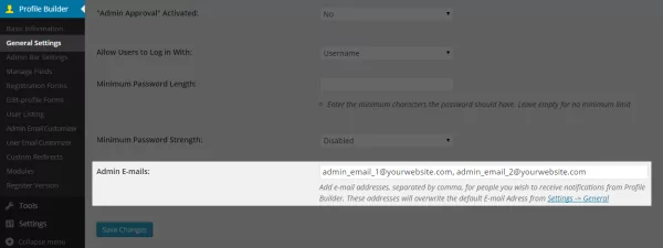Multiple Admin Emails Add-On for Profile Builder