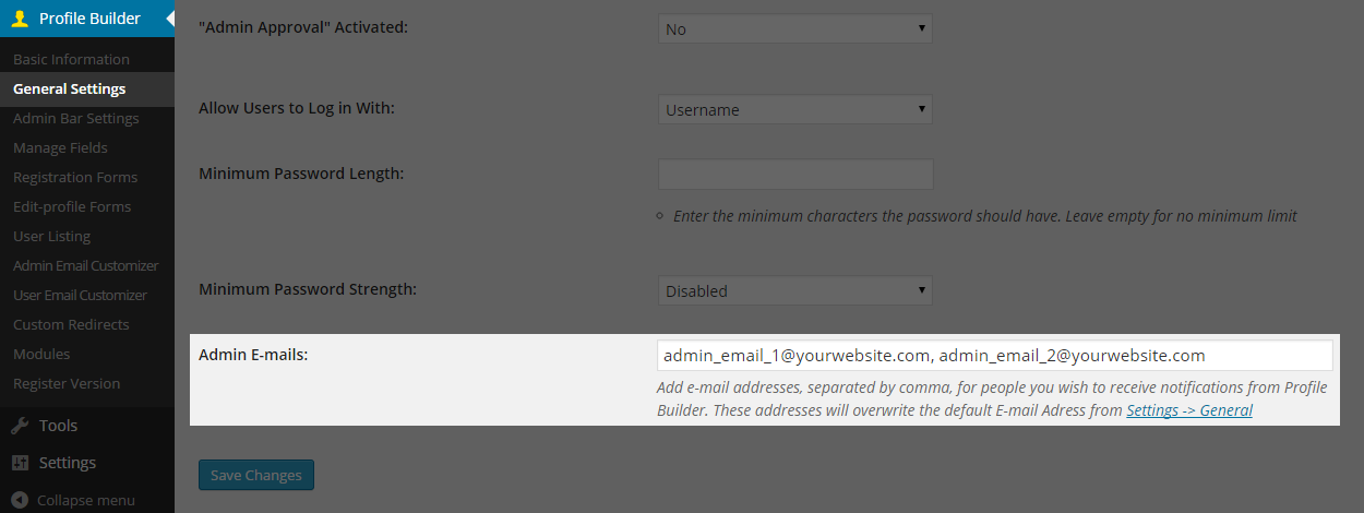 Multiple Admin Emails Add-On for Profile Builder - Cozmoslabs