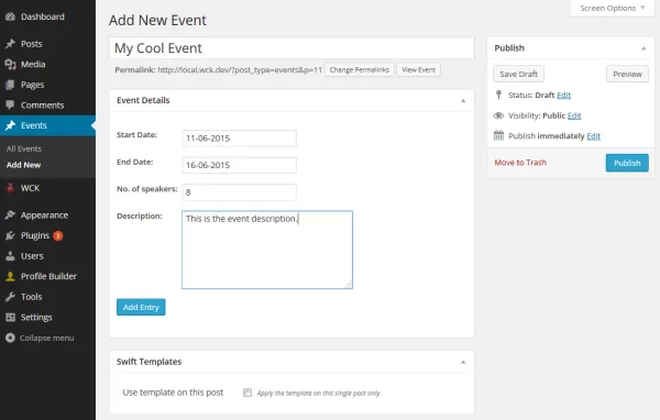 Here we're using a Single Metabox attached to an Events CPT to add event details stored in custom fields.