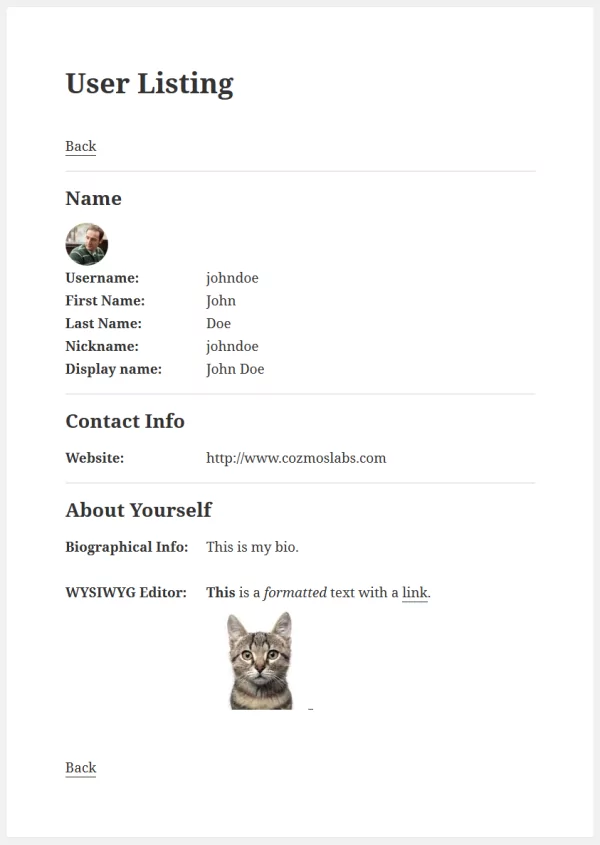 Single Userlisting page displaying the user profile information.