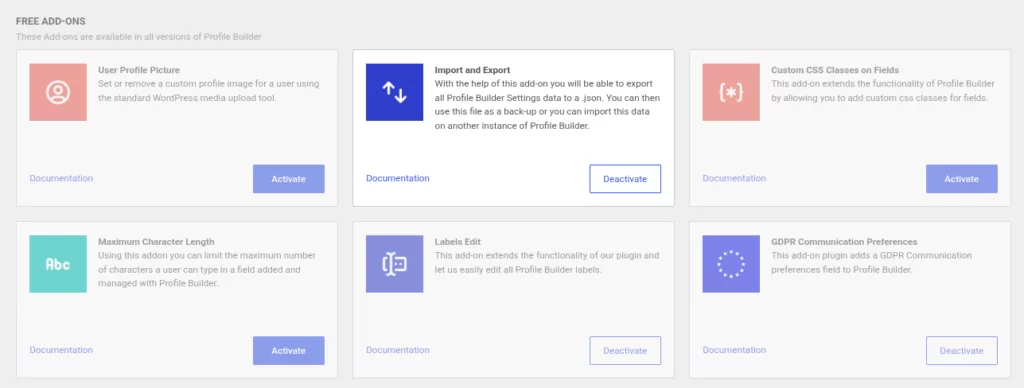 import and export addon page
