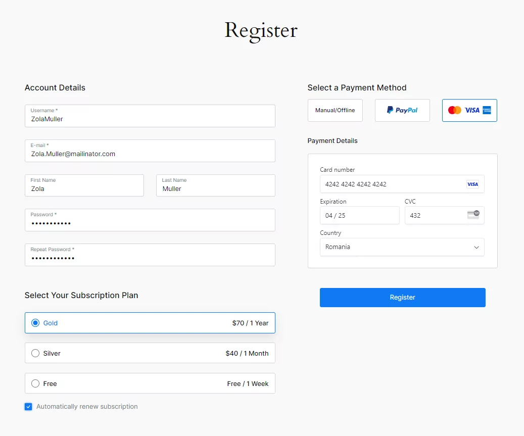 Subscription Plans displayed on the Registration Form