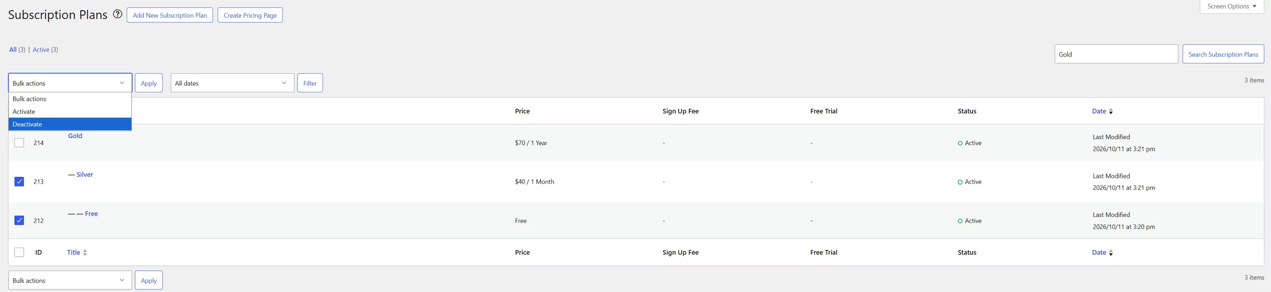 Paid Member Subscriptions Bulk Deactivate/Activate Subscription Plan