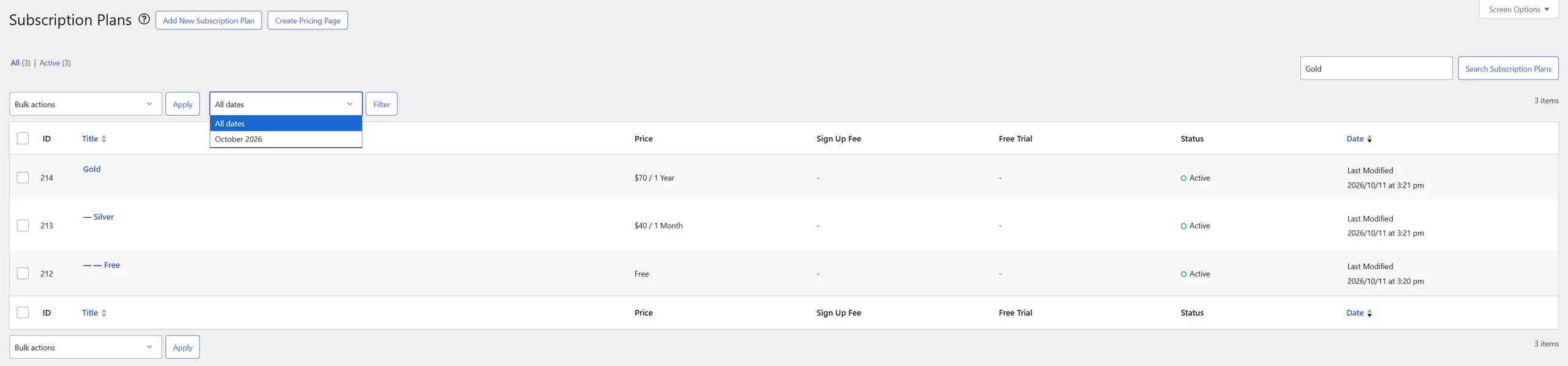Search for subscription plans based on the date