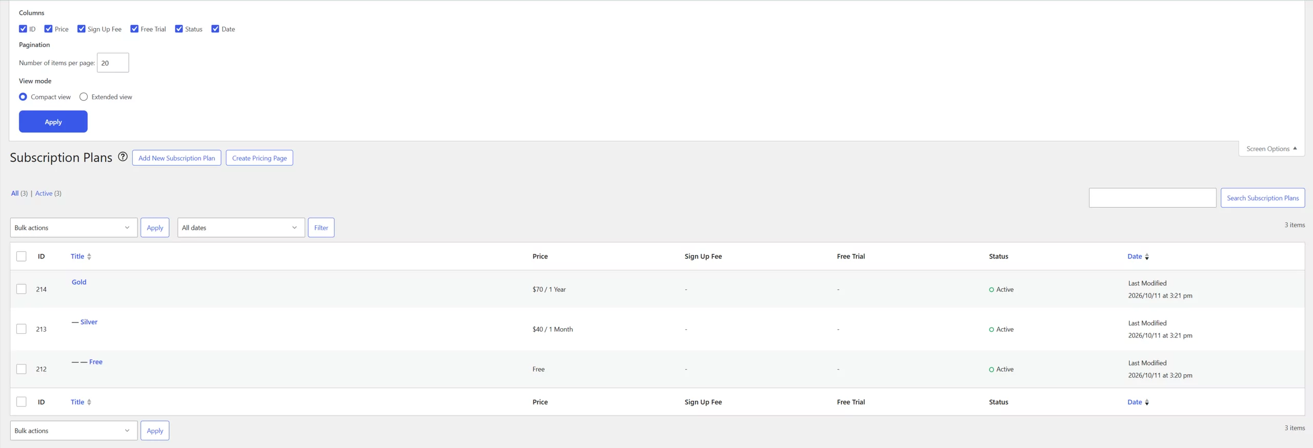 Changiing the number of Subscription Plans displayed per page