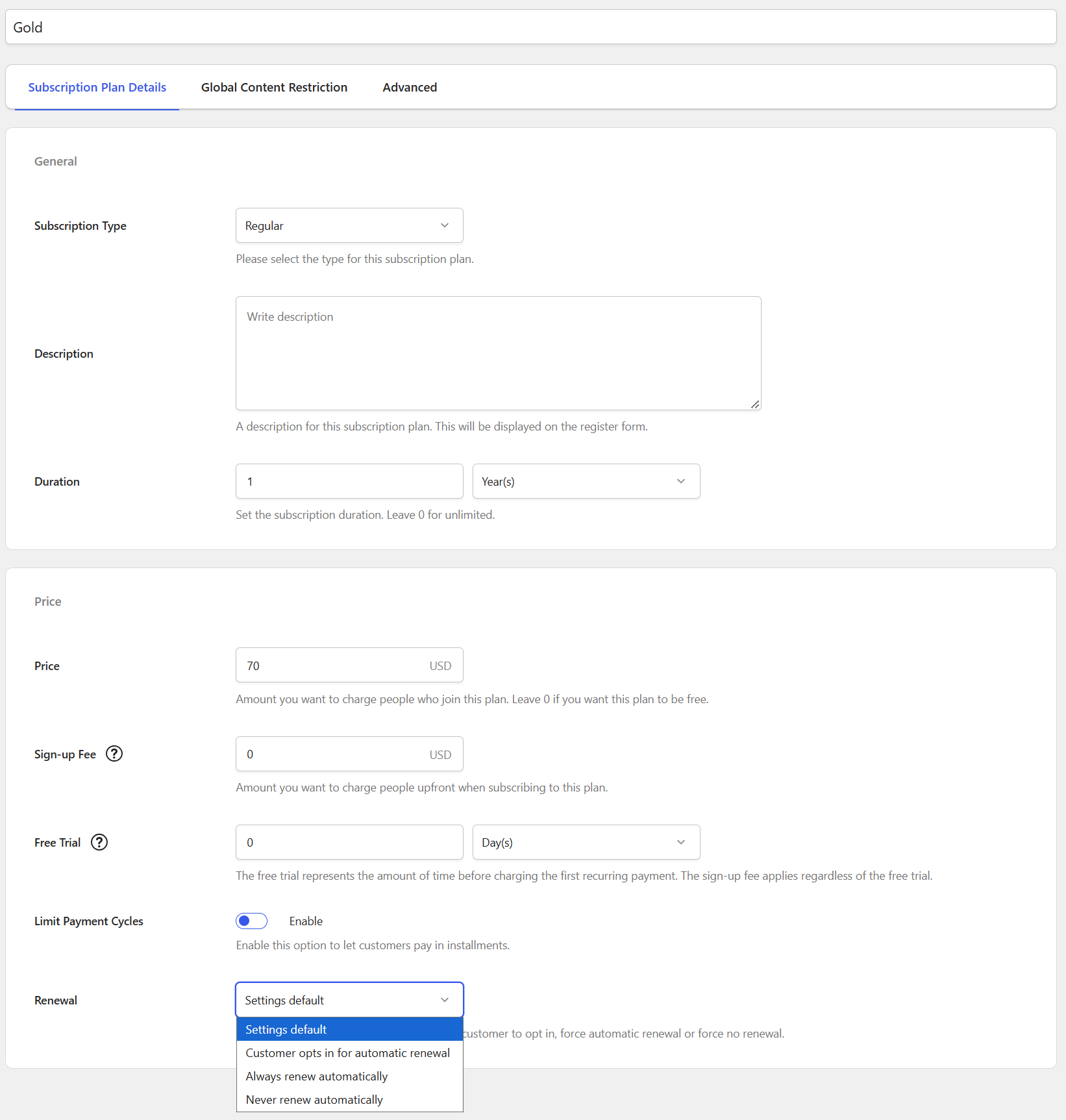 Renwal option displayed on a Subscription Plan