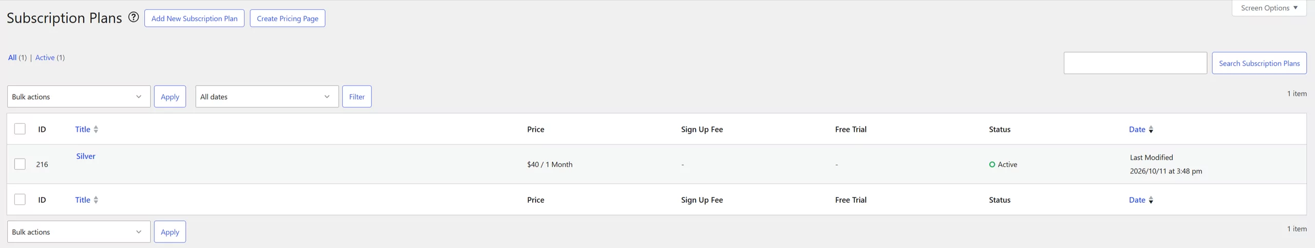 Paid Member Subscriptions displaying the Upgrade/Downgrade options for a plan