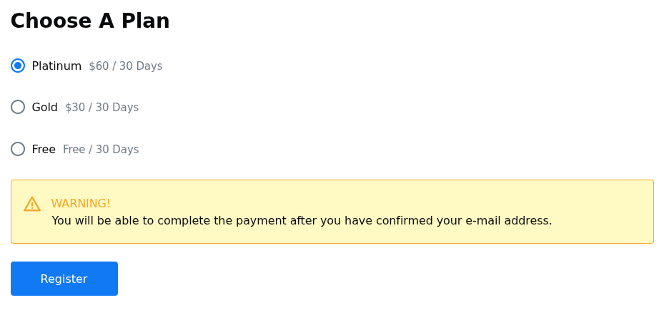 choose a plan email confirmation notice