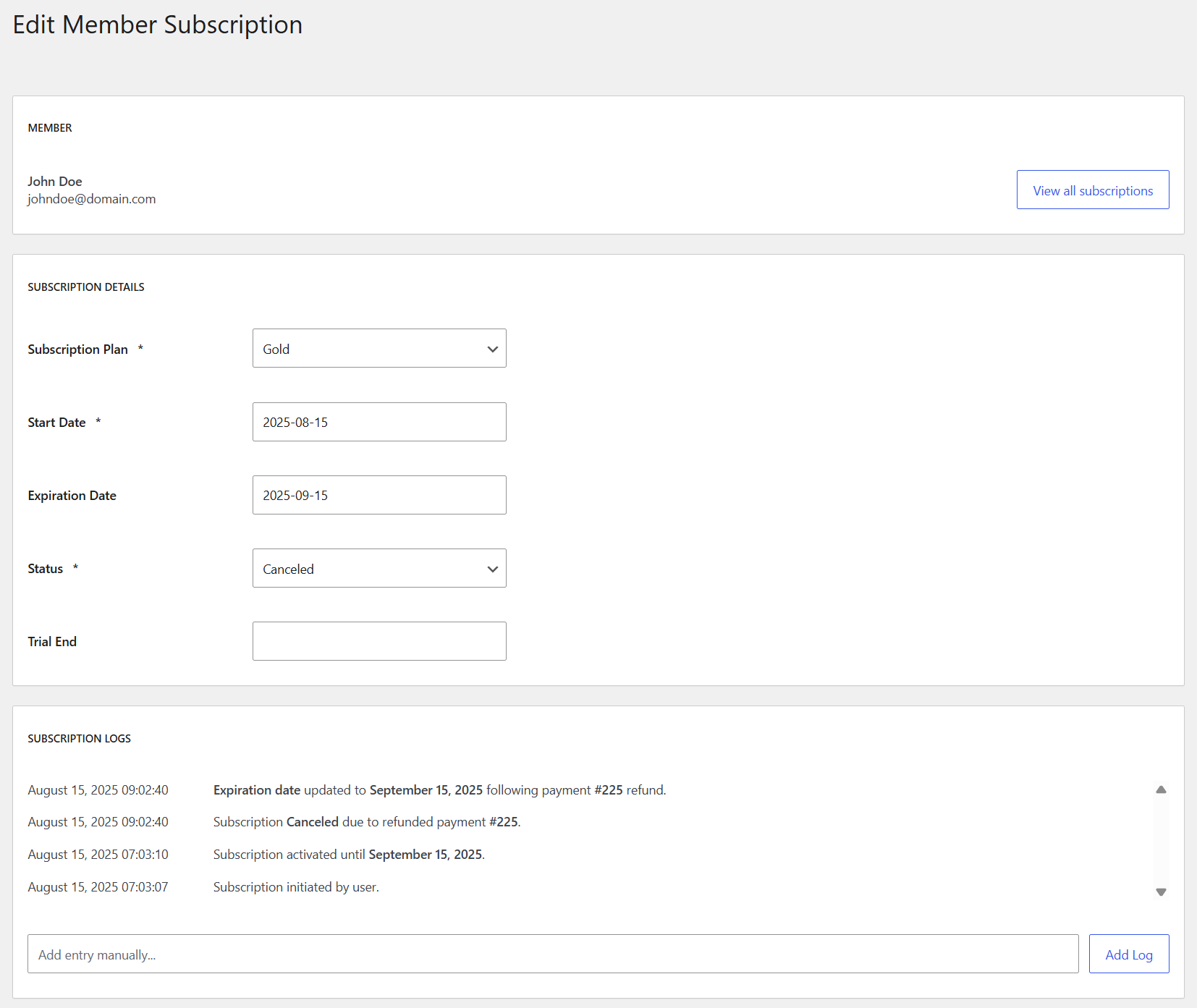 Paid Member Subscriptions refund information appears in the subscription logs