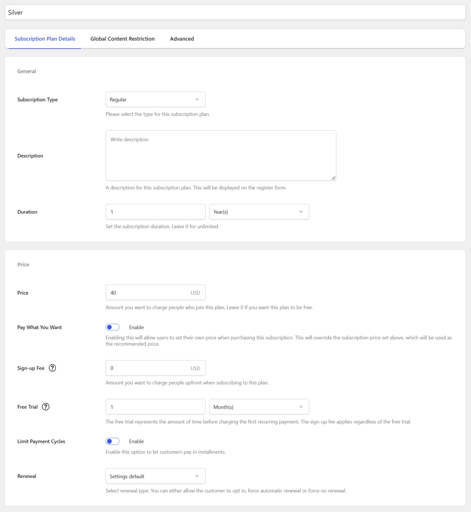 The Free Trial functionality displayed on a Subscription Plan