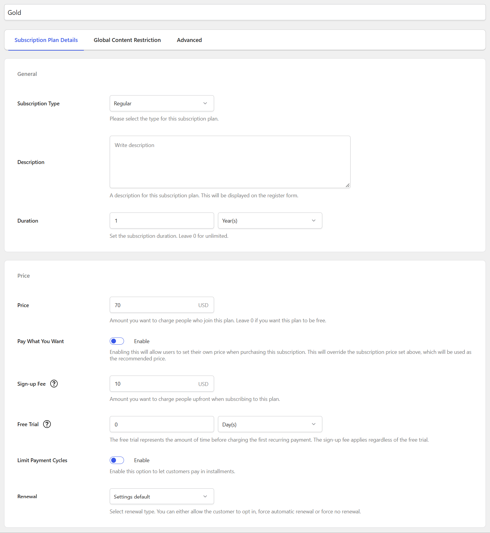 The Sign-up Fee functionality displayed on a Subscription Plan