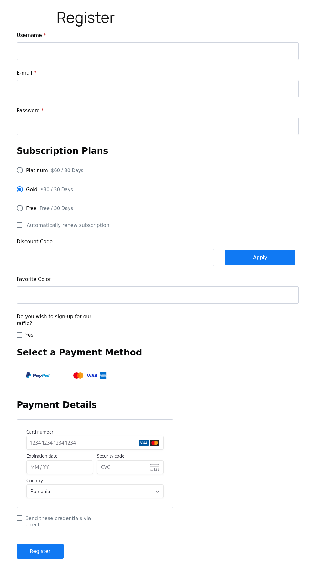 profile builder registration form with subscription plans field