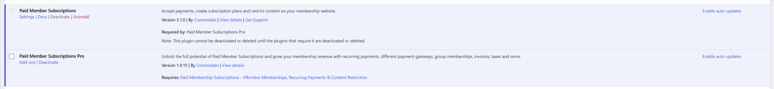 Showing both Paid Member Subscriptions plugins being activated