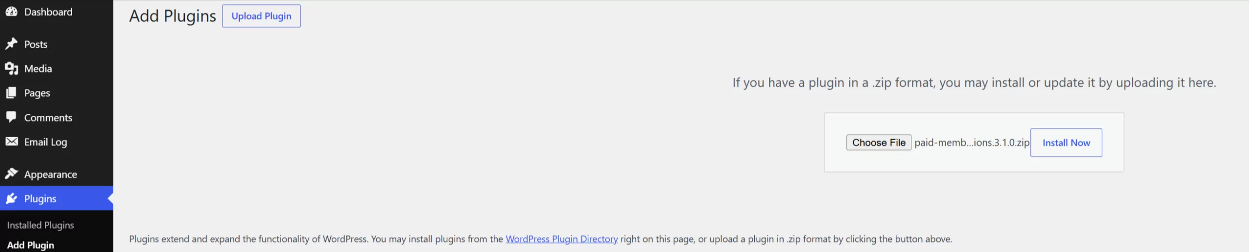 Installation of the Paid Member Subscriptions plugin
