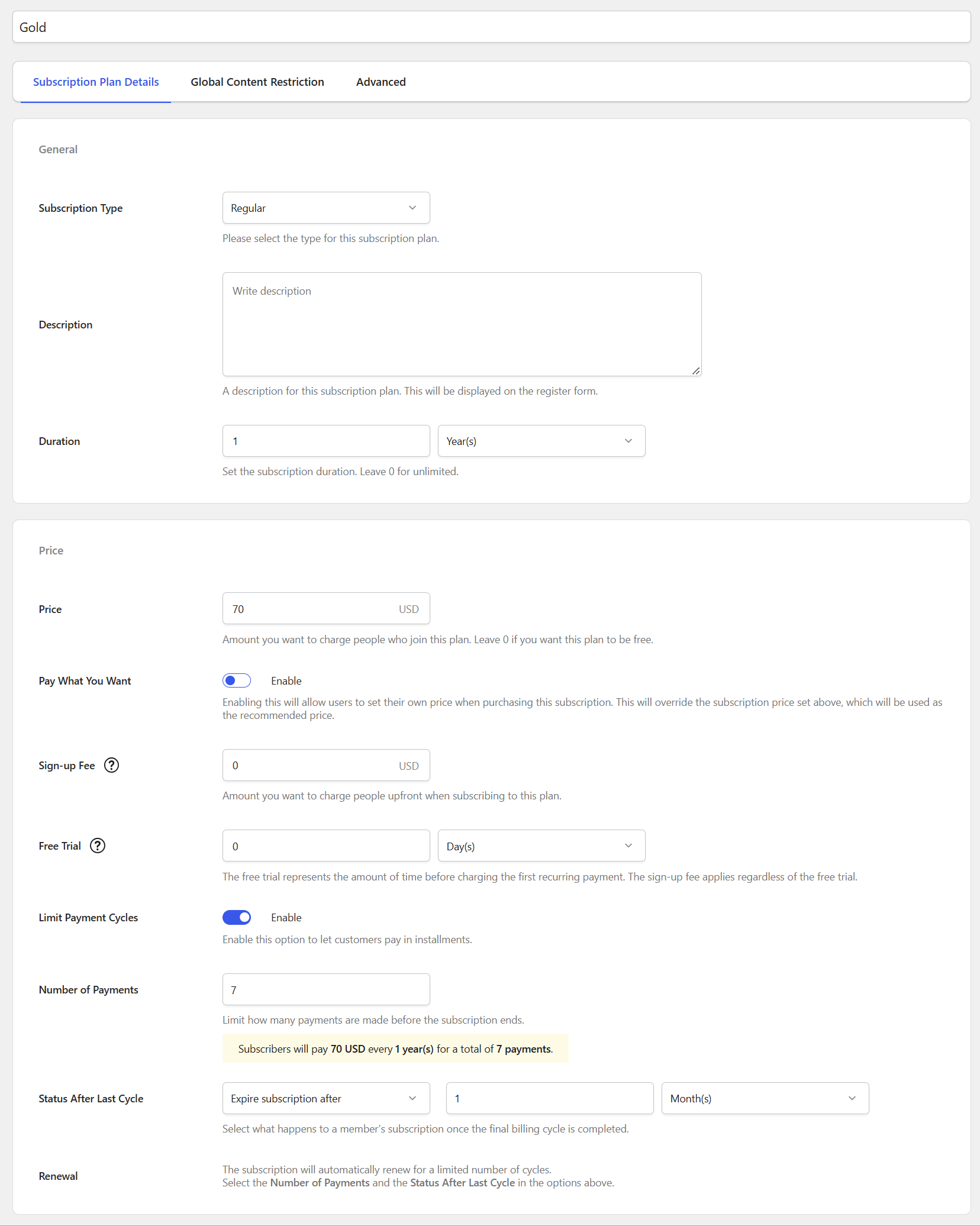 Limit Payment Cycles functionality displayed on a Subscription Plan