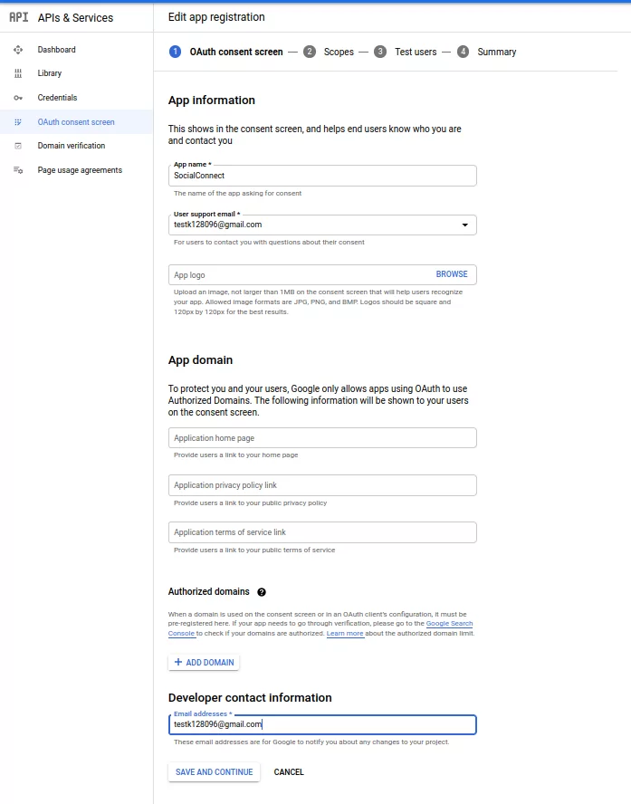 Profile Builder Pro – Social Connect – Google Developers Console – OAuth_consent_screen_1.0 létrehozása