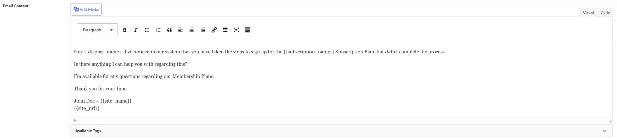 Email Content for the reminder