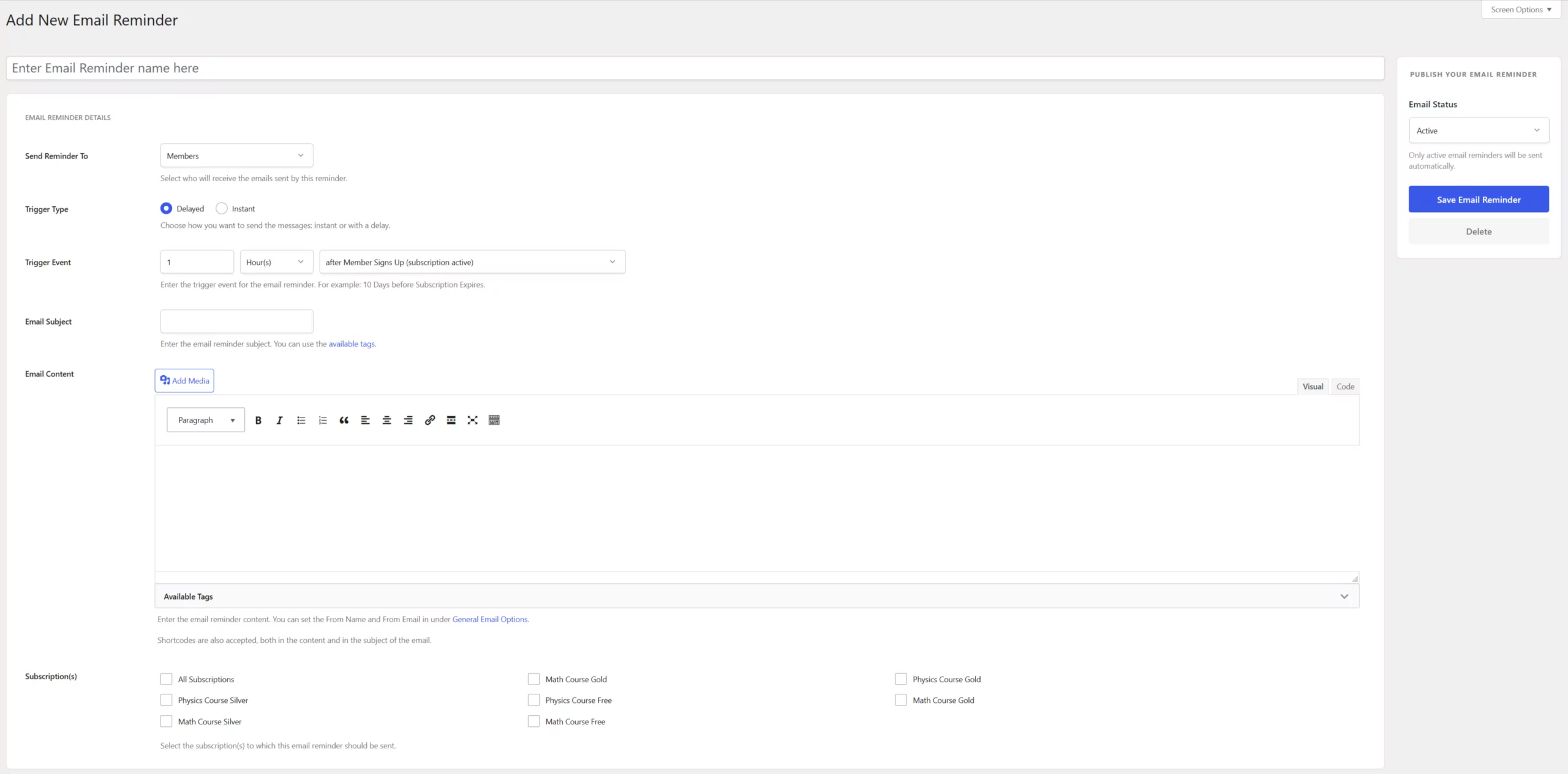 Email reminders settings