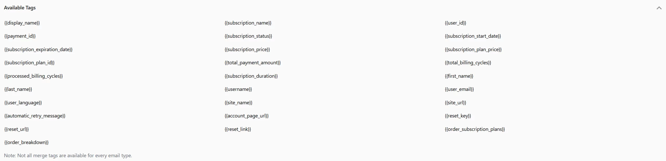 Available tags in email reminders
