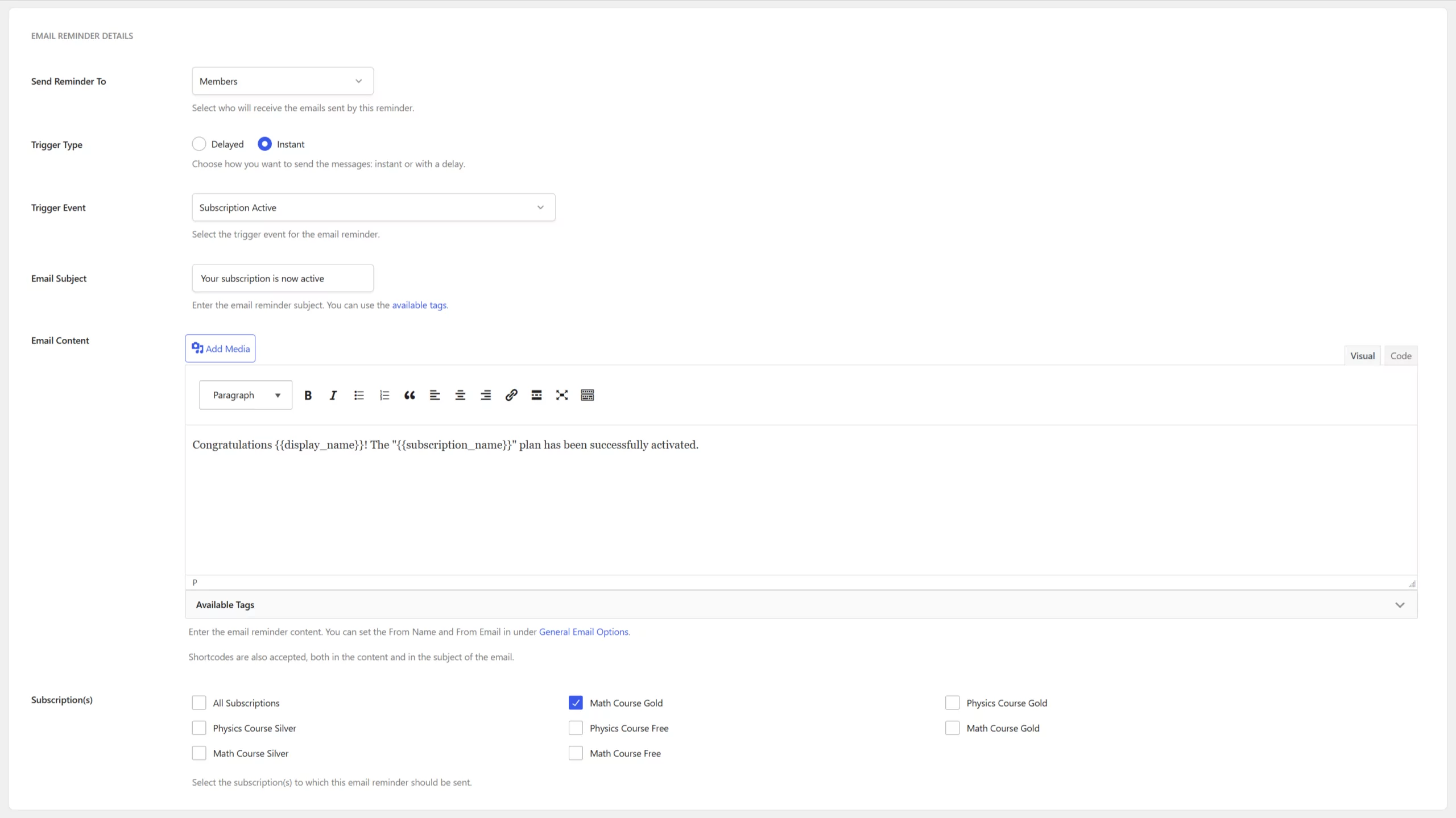 An Email reminder example for the Instant type of event