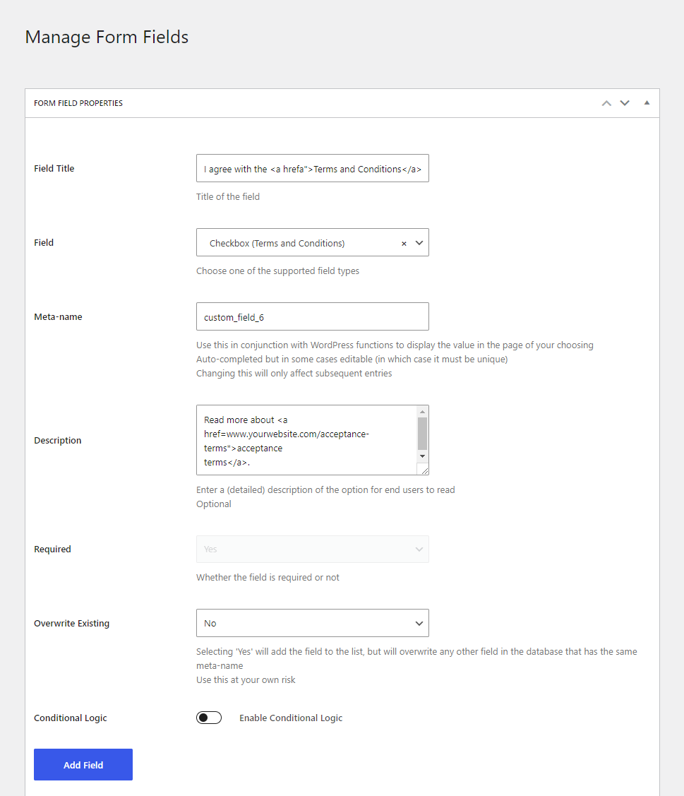 Checkbox (Terms and Conditions) Field
