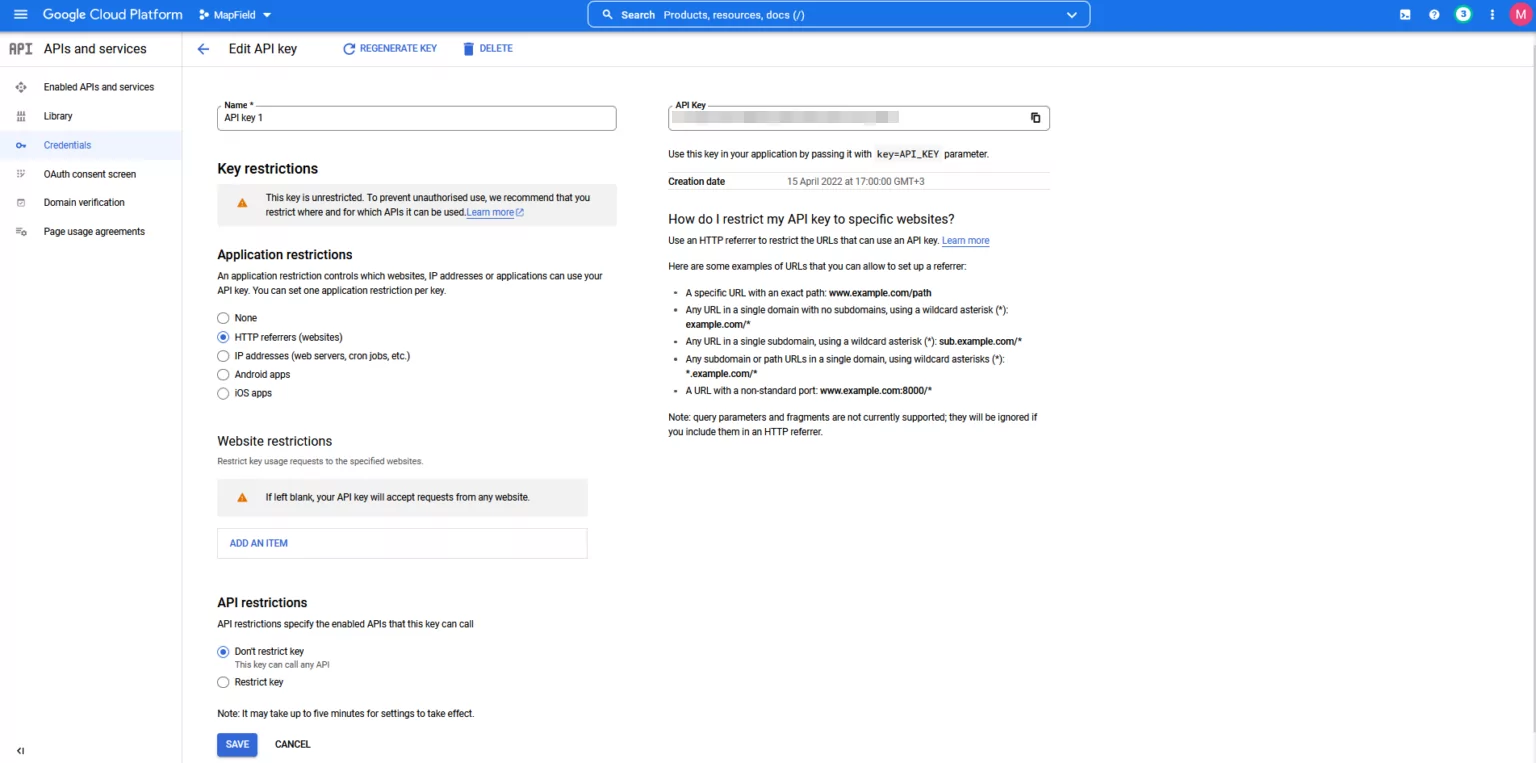 google cloud platform API key settings