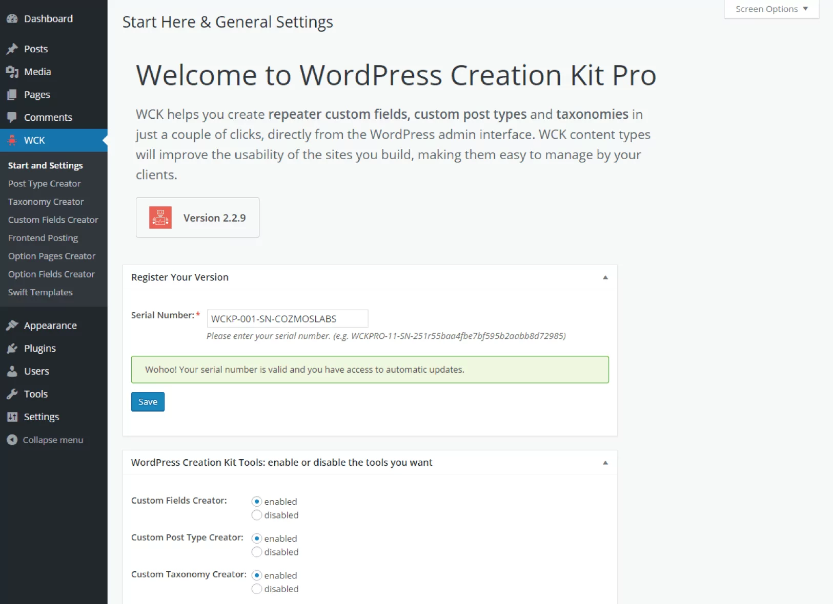 WordPress Creation Kit Basic Information & Installation - Register your Version