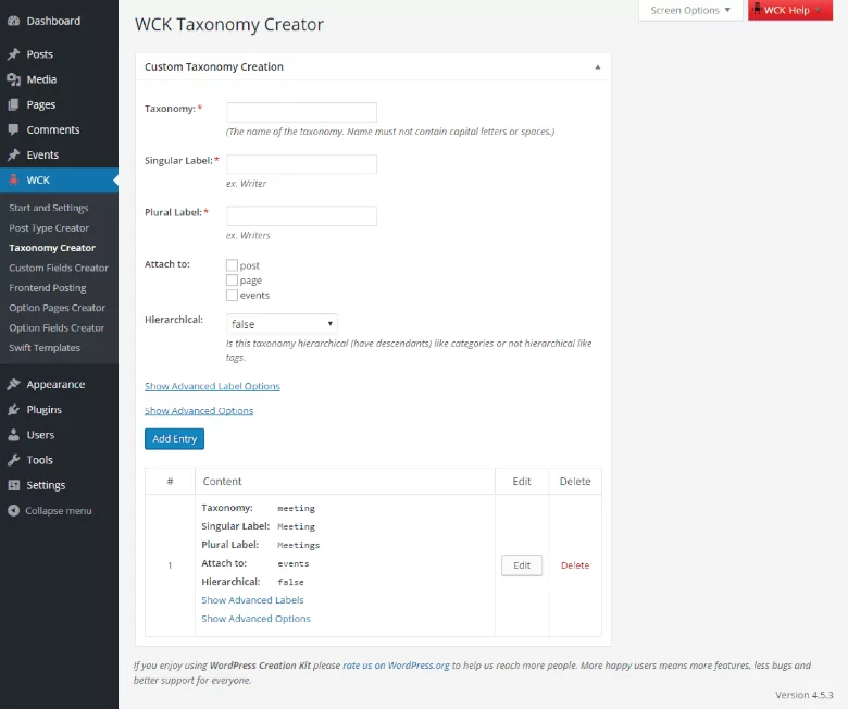 WordPress Creation Kit - Custom Taxonomy Creator - Features