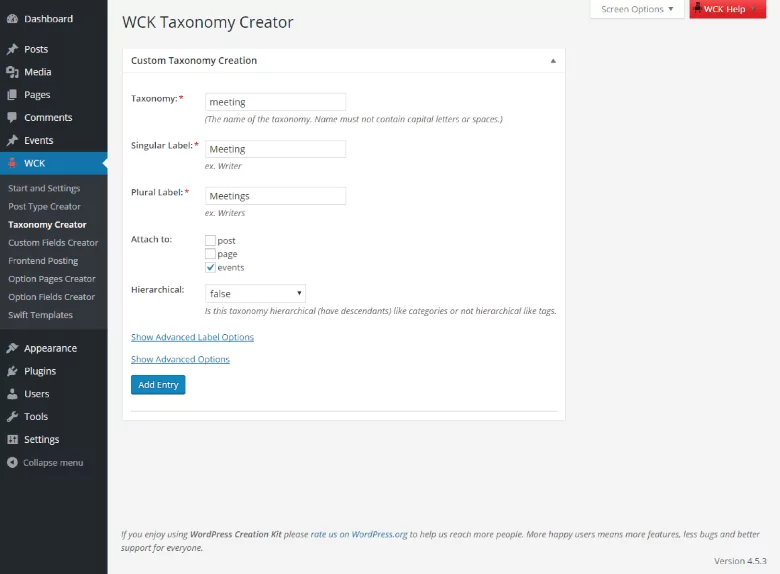 WordPress Creation Kit - Custom Taxonomy Creator - Overview